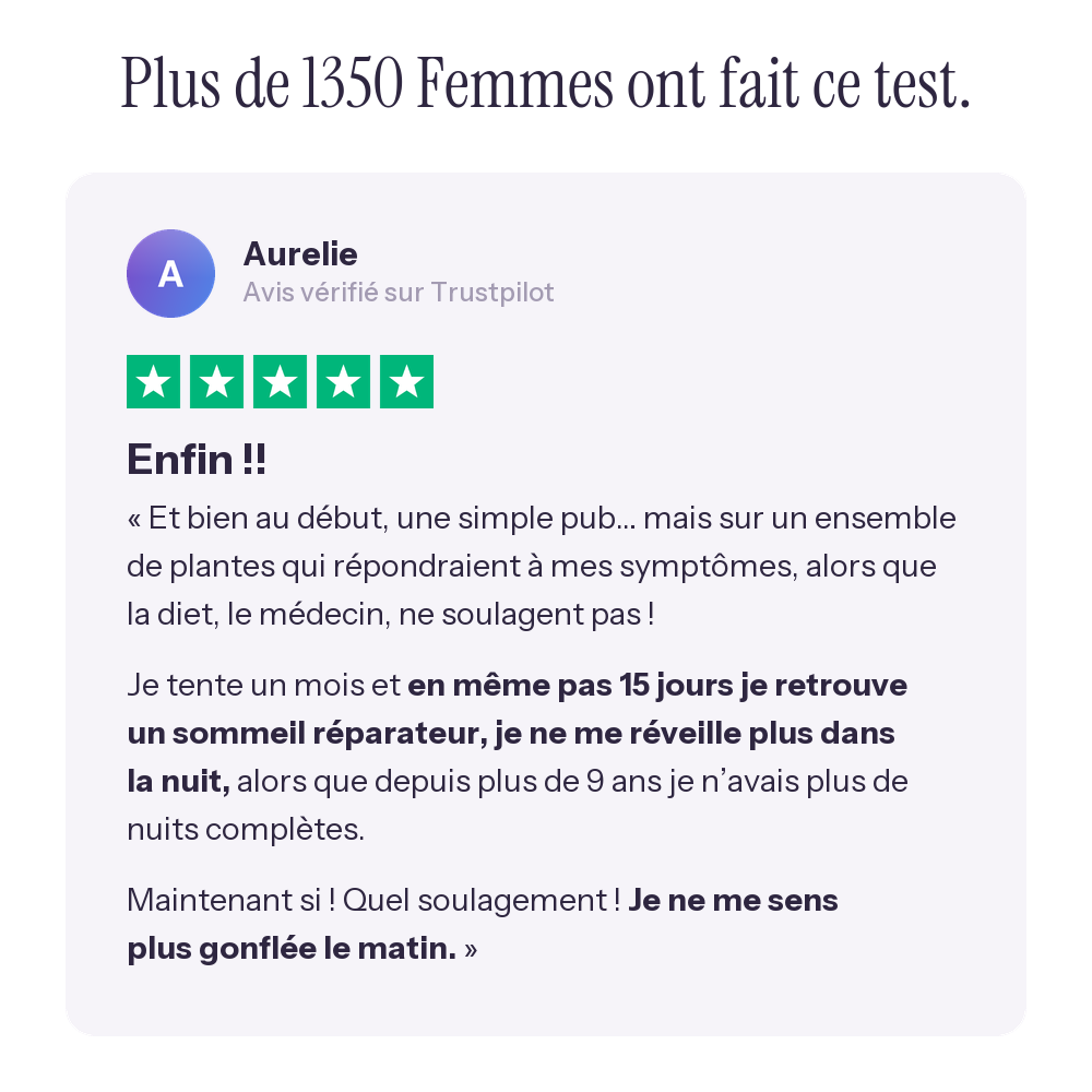 Avis Trustpilot 5 étoiles d'Aurélie sur L'Aube Svelte, sommeil réparateur et réveil sans ventre gonflé