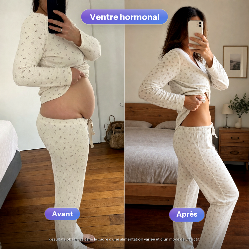 Comparatif avant après du ventre hormonal, photos miroir d'une utilisatrice de L'Aube Svelte en pyjama
