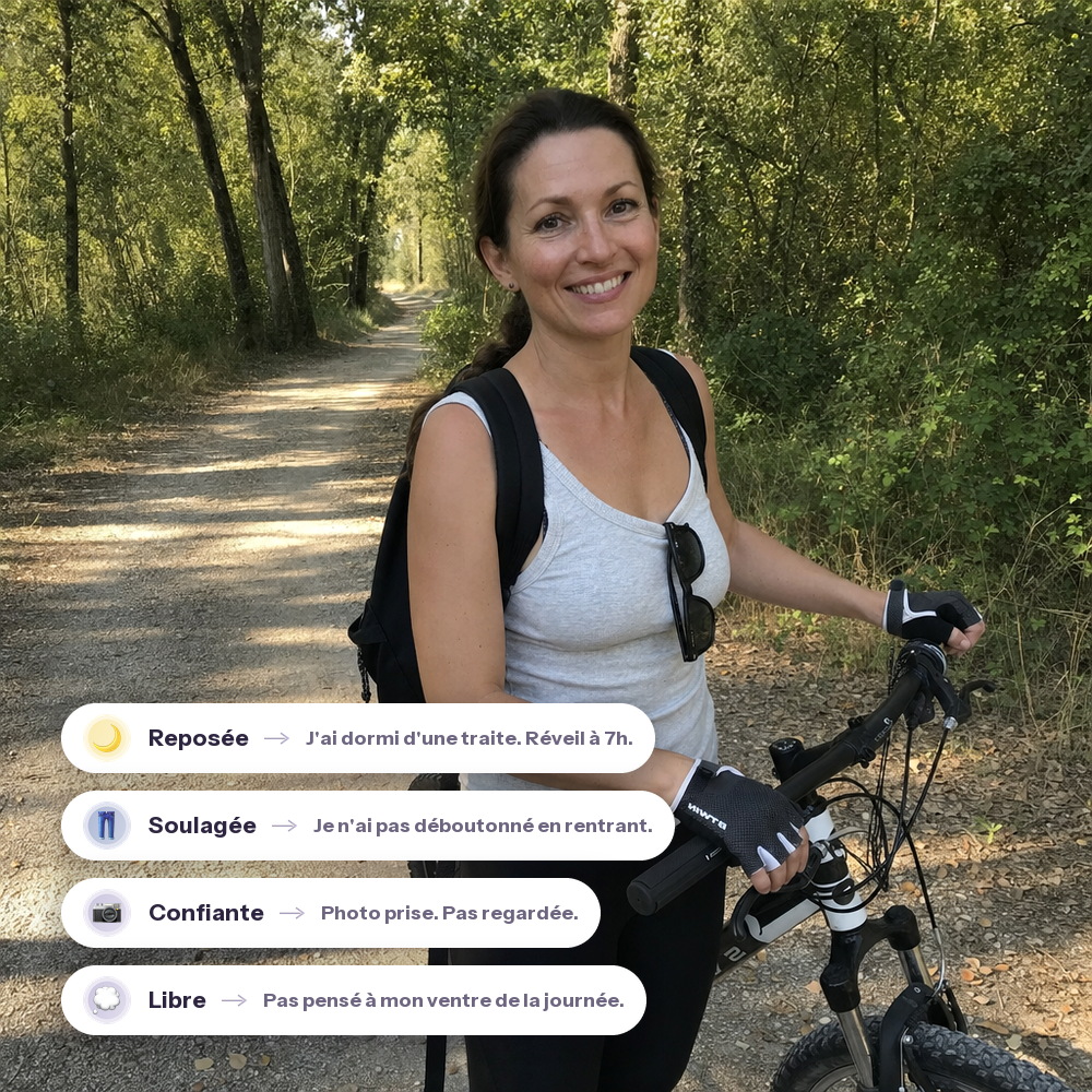 Femme à vélo en forêt, reposée et libre après des nuits complètes avec L'Aube Svelte de Solaz