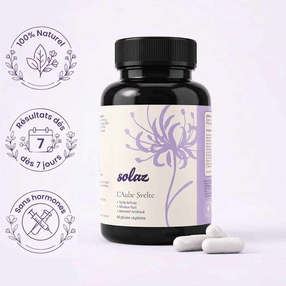 Flacon L'Aube Svelte de Solaz, complément du soir en 60 gélules végétales, sans hormones et 100 % naturel